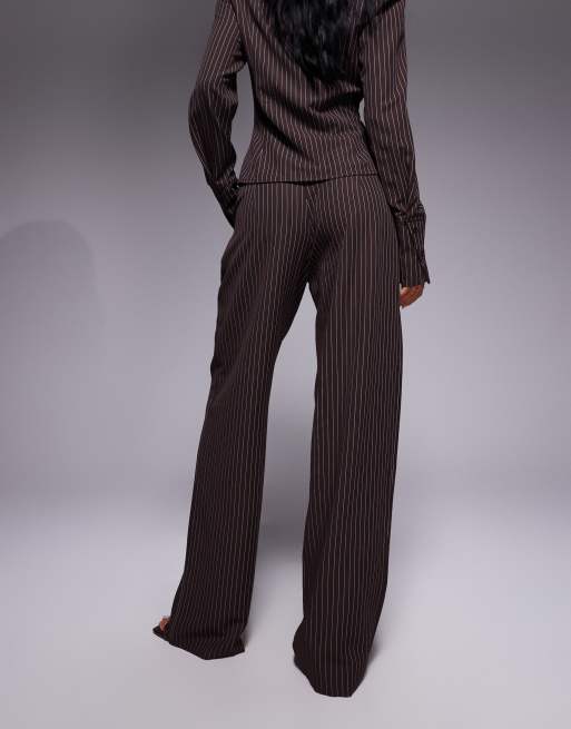 Kaiia exclusive straight leg tailored trousers co-ord in brown pinstripe, 2 of 5
