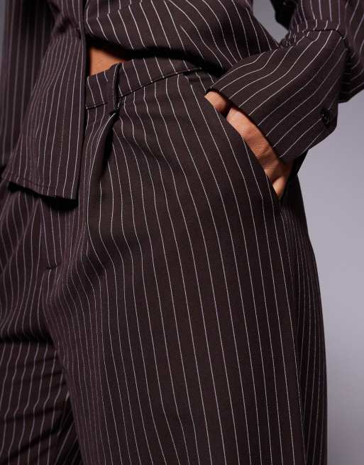 Kaiia exclusive straight leg tailored trousers co-ord in brown pinstripe, 3 of 5