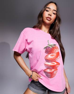 Kaiia exclusive strawberry graphic oversized t-shirt in pink
