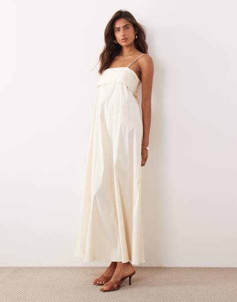 Kaiia exclusive stretch cotton rich foldover drape detail cami maxi dress in cream - view 1