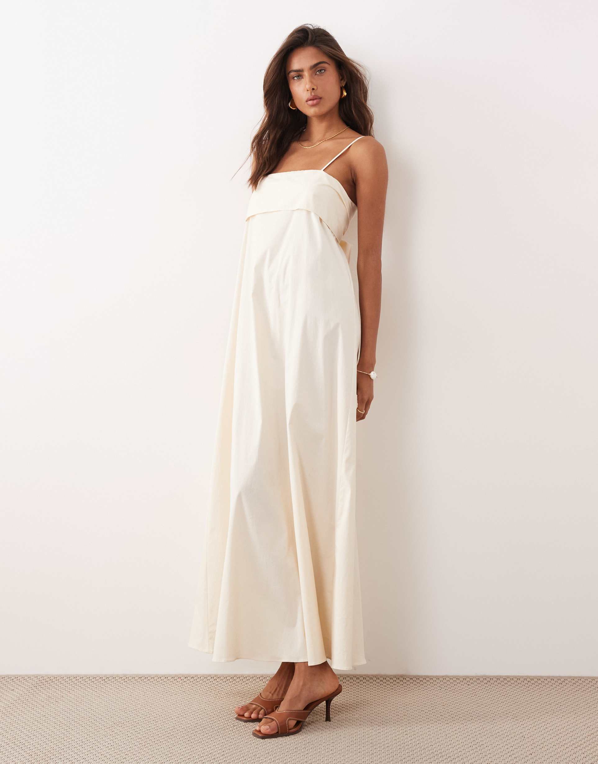 kaiia exclusive stretch cotton rich foldover drape detailing cami maxi dress in cream