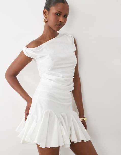 Kaiia exclusive stretch cotton rich twist off shoulder top in white (part of a set) - view 1
