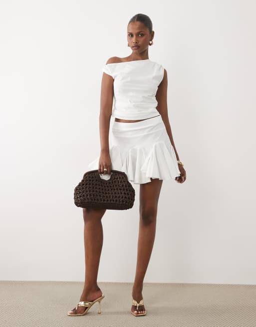 Kaiia exclusive stretch cotton rich twist off shoulder top in white (part of a set), 2 of 4