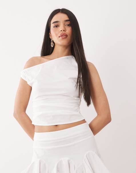 Kaiia exclusive stretch cotton rich twisted off the shoulder top in white - part of a set - view 1