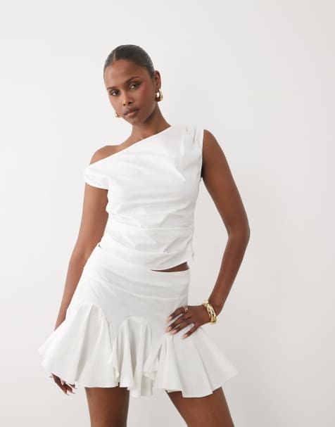 Kaiia exclusive stretch cotton rich volume godet mini skirt co-ord in white - view 1