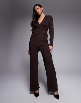 Kaiia - Exclusive - Strickhose in Schokobraun mit weitem Bein und Rippung, Kombiteil-Brown