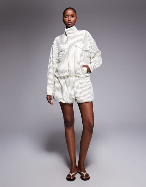 Kaiia exclusive striped high collar co-ord jacket and striped puff co-ord shorts in cream and brown - view 1