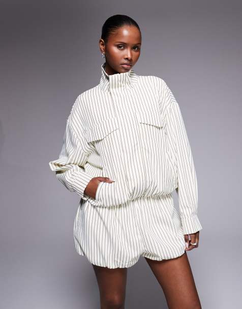 Kaiia exclusive striped high collar co-ord jacket in cream and brown stripe - view 1
