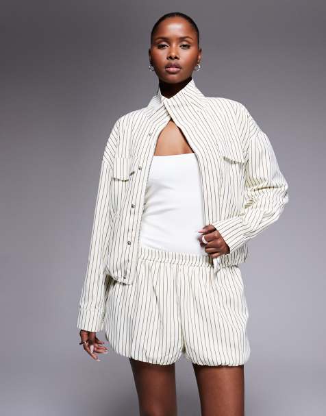 Kaiia exclusive striped puff co-ord shorts in cream and brown - view 1