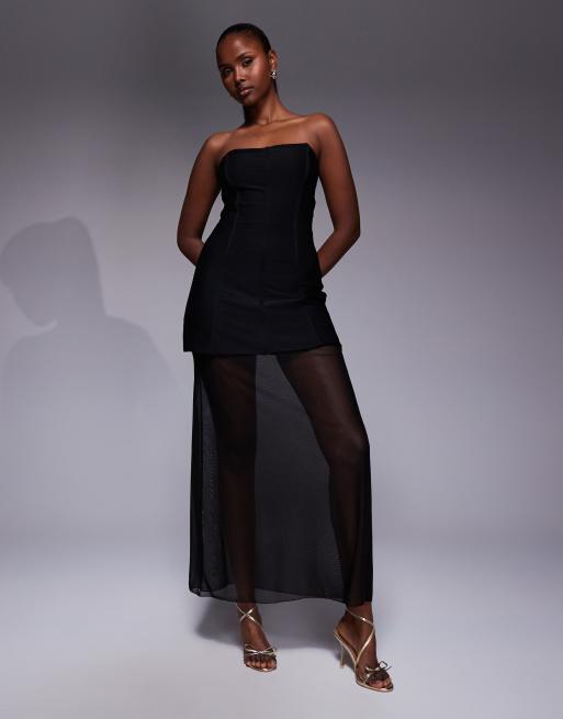Kaiia exclusive structured bandeau bust detail contrast skirt sheer hem maxi dress in black