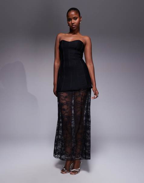 Kaiia exclusive structured bandeau contrast skirt sheer hem maxi dress in black lace - view 1
