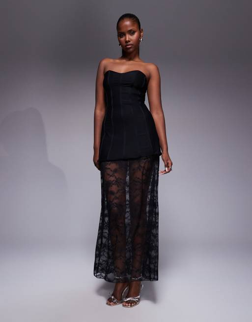 Kaiia exclusive structured bandeau bust detail sheer hem lace skirt dress in black