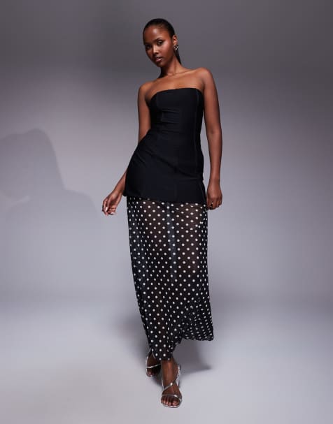 Kaiia exclusive structured bandeau contrast skirt sheer hem maxi dress in black and white polka dots - view 1