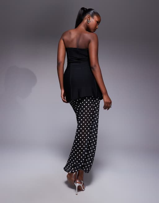 Kaiia exclusive structured bandeau contrast skirt sheer hem maxi dress in black and white polka dots