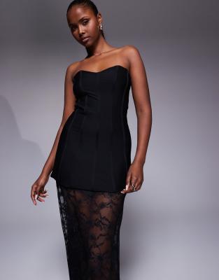 Kaiia Exclusive Structured Bandeau Contrast Skirt Sheer Hem Maxi Dress In Black