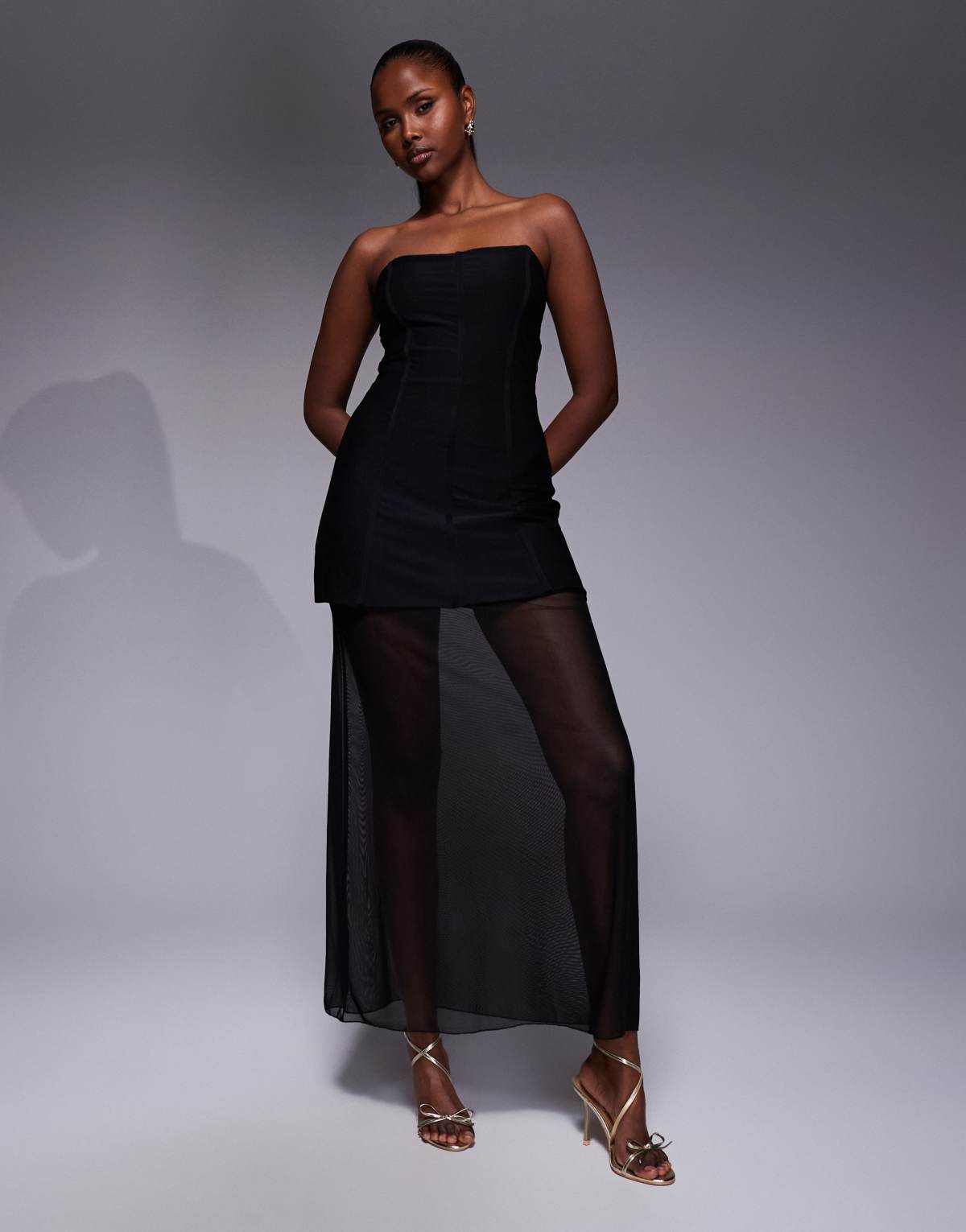 Kaiia exclusive structured bandeau contrast skirt sheer hem maxi dress in black