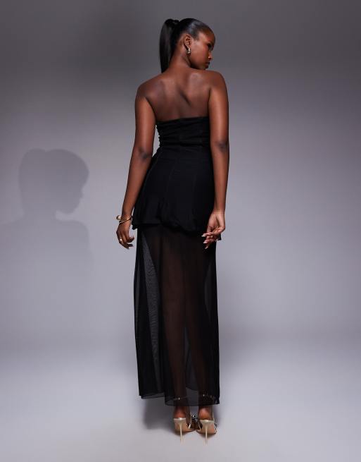 Kaiia exclusive structured bandeau contrast skirt sheer hem maxi dress in black