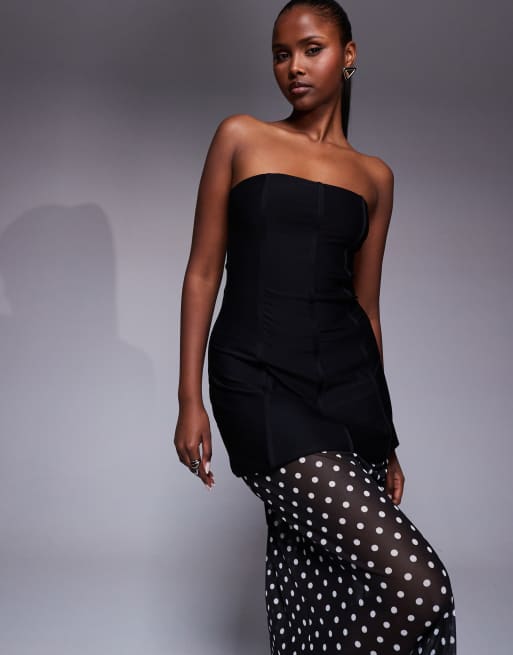 Kaiia exclusive structured bandeau contrast skirt sheer hem maxi dress in mono polka dot, 2 of 4