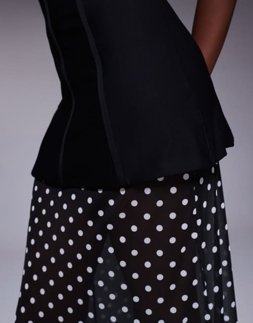 Kaiia exclusive structured bandeau contrast skirt sheer hem maxi dress in mono polka dot, 3 of 4