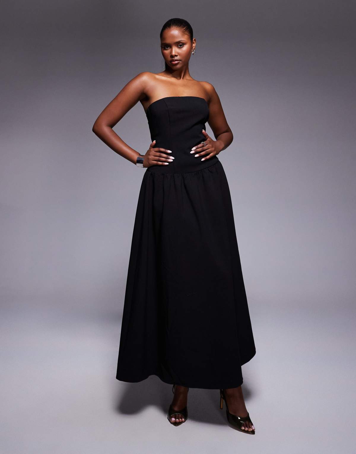 Kaiia exclusive structured bandeau drop waist gathered skirt maxi dress in black