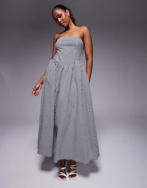 Kaiia exclusive structured bandeau v waist maxi dress in black gingham  - view 1