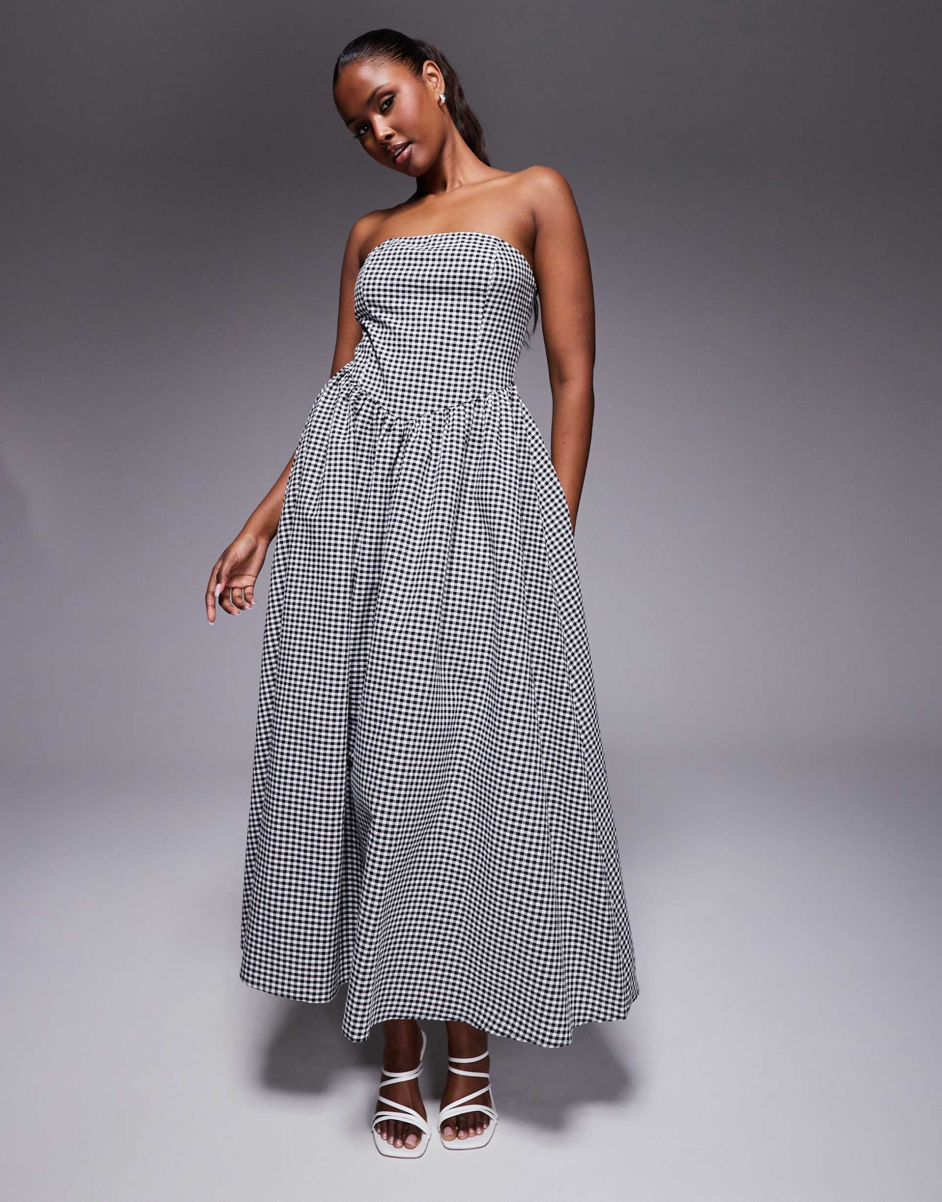 kaiia exclusive structured bandeau v waist maxi dress in black gingham