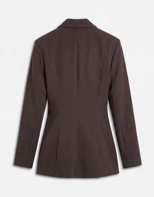 Kaiia exclusive structured shoulder pad cinched waist blazer in brown - part of a set, 6 of 8