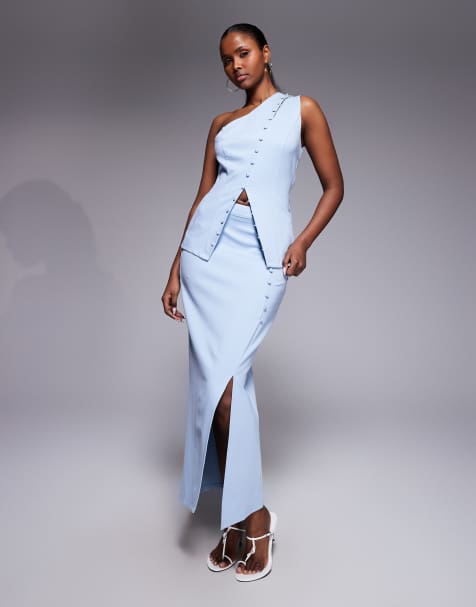 Kaiia exclusive structured slit front button detailing maxi skirt in blue - part of a set - view 1