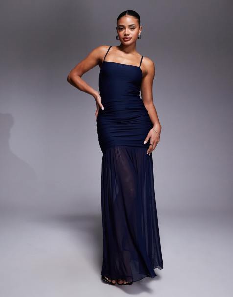 Kaiia exclusive structured square neck contrast skirt sheer hem maxi dress in navy - view 1