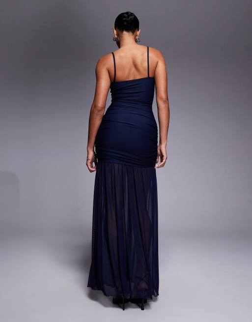 Kaiia exclusive structured square neck contrast skirt sheer hem maxi dress in navy