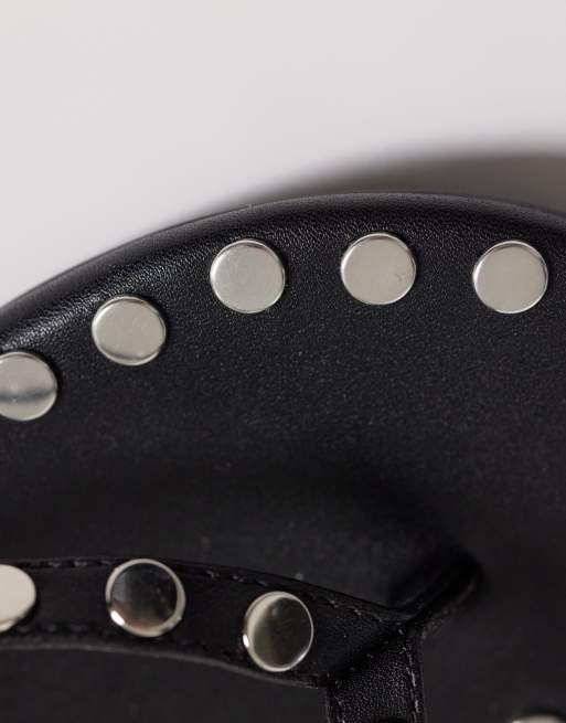 Kaiia exclusive studded detail thong kitten heels in black and silver, 2 of 4