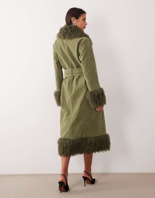 Kaiia exclusive suedette faux fur trim penny lane maxi coat in olive, 4 of 4