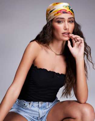 Kaiia Kaiia exclusive sunflower floral printed satin head scarf in multi-Green