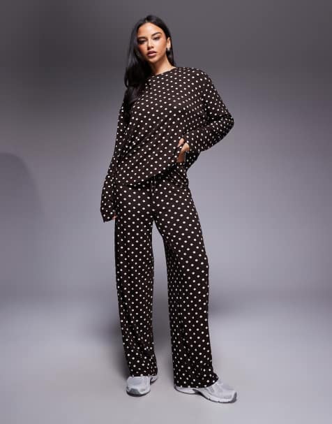Kaiia exclusive super soft button through long sleeve top, long sleeve top and trousers co-ord in brown and cream polka - view 1