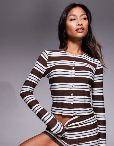 Kaiia exclusive super soft jersey button through long sleeve top co-ord in brown and blue stripe - view 1
