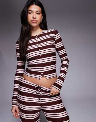 Kaiia exclusive super soft jersey button through long sleeve top co-ord in burgundy and pink stripe-Multi