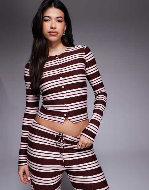 Kaiia exclusive super soft jersey button through long sleeve top co-ord in burgundy and pink stripe