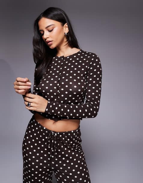 Kaiia exclusive super soft jersey button-through long sleeve top in brown and cream polka dot (Part of a set) - view 1