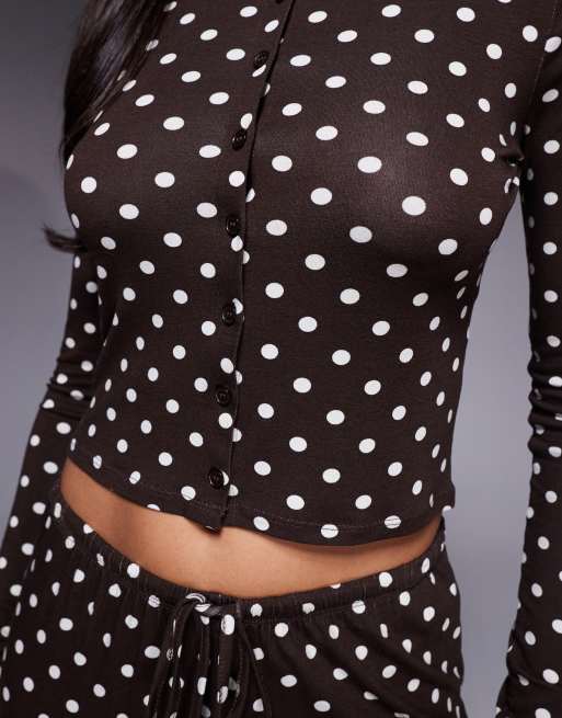 Kaiia exclusive super soft jersey button-through long sleeve top in brown and cream polka dot (Part of a set), 3 of 4