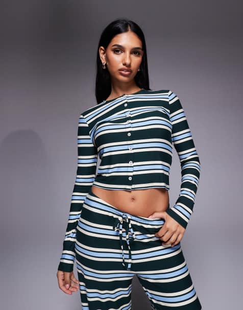 Kaiia exclusive super soft jersey button through long sleeve top in green and baby blue stripe (part of a set) - view 1