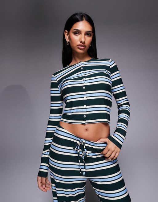 Kaiia exclusive button through oversized long sleeve top and pants set in green and baby blue stripe, 2 of 4