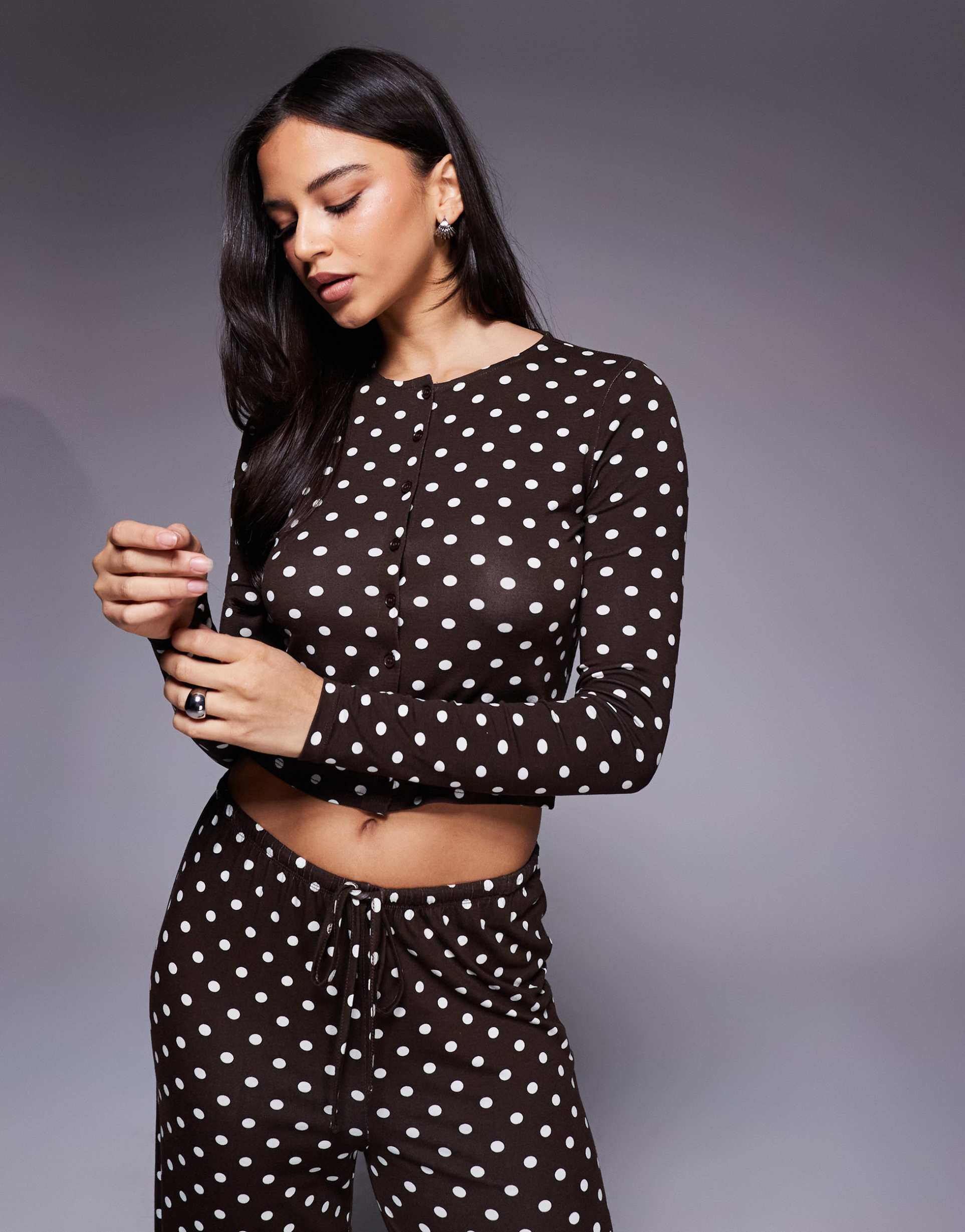 kaiia exclusive super soft jersey button up long sleeve top in brown and cream polka dots - part of a set