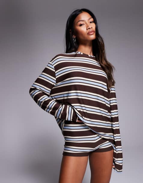 Kaiia exclusive super soft jersey crew neck oversized long sleeve co-ord in brown and blue stripe - view 1