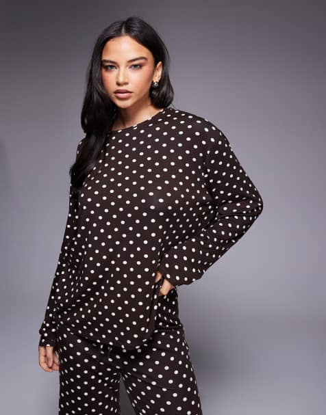 Kaiia exclusive super soft jersey crew neck oversized long sleeve co-ord in brown and cream polka dot