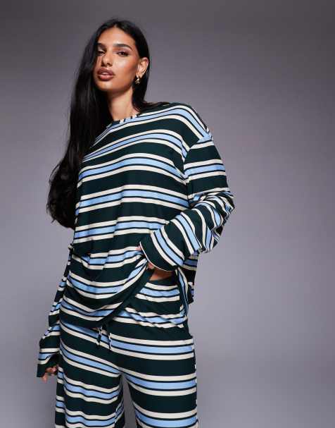 Kaiia exclusive super soft jersey crew neck oversized long sleeve co-ord in green and baby blue stripe