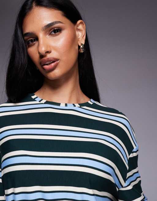 Kaiia exclusive super soft jersey crew neck oversized long sleeve co-ord in green and baby blue stripe, 4 of 4