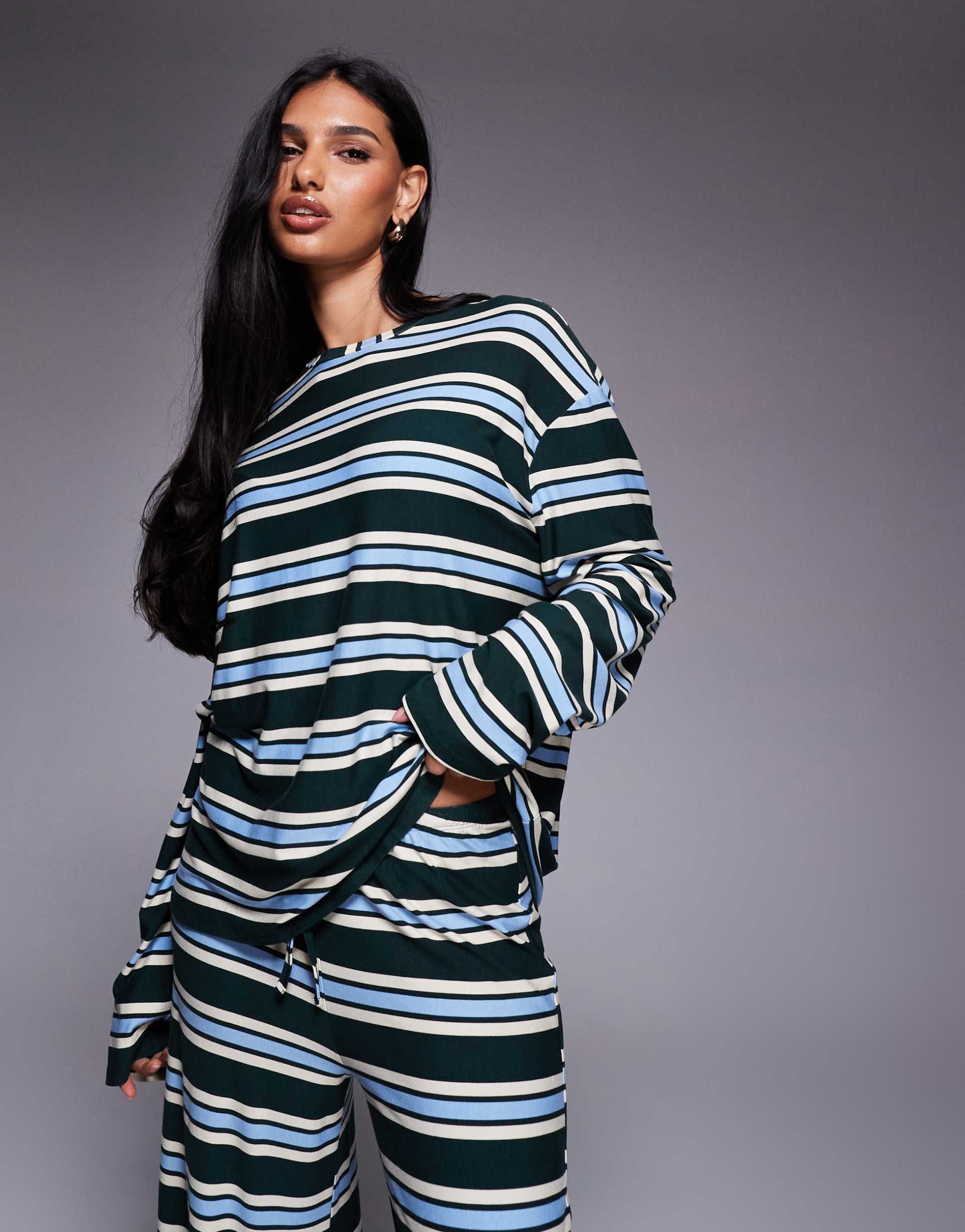 kaiia exclusive super soft jersey crew neck oversized long sleeve top in green and baby blue stripes - part of a set