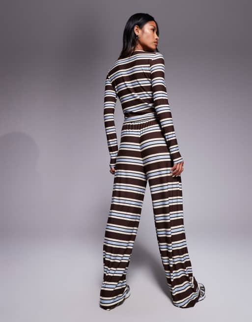 Kaiia exclusive super soft jersey drawstring pants in brown and blue stripe (Part of a set), 4 of 5