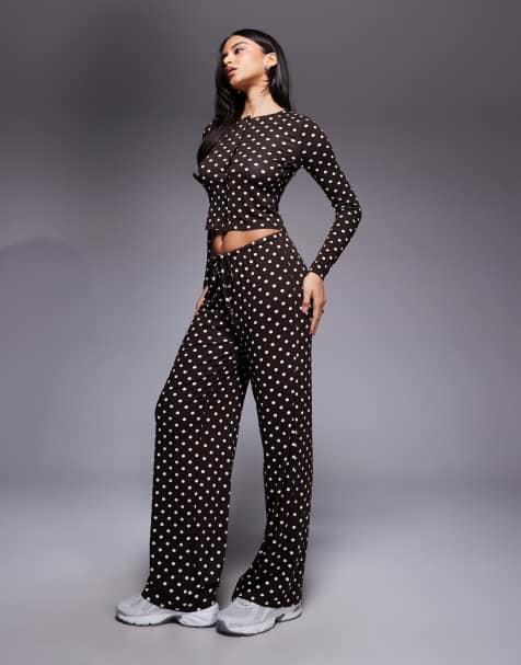 Kaiia exclusive super soft jersey drawstring trousers co-ord in brown and cream polka dot