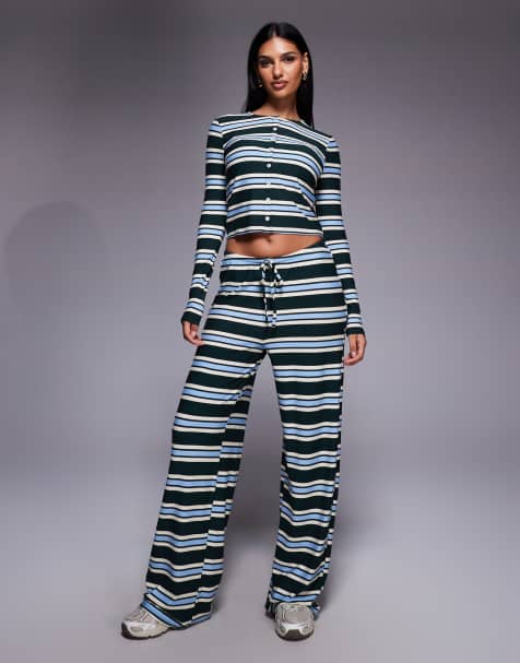 Kaiia exclusive super soft jersey drawstring trousers co-ord in green and baby blue stripe - view 1